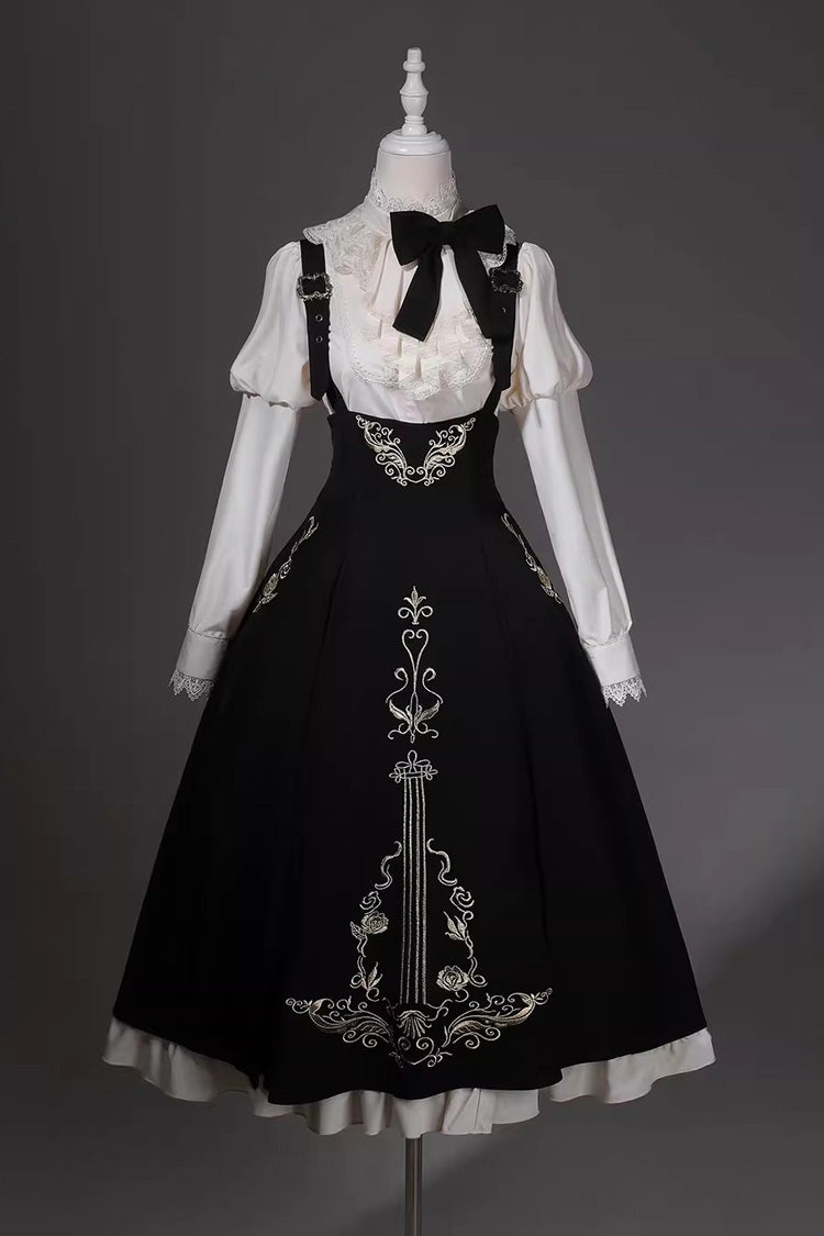 Black/White Violin Variations Ruffled Embroidered Gothic Lolita Jumper Gown Set