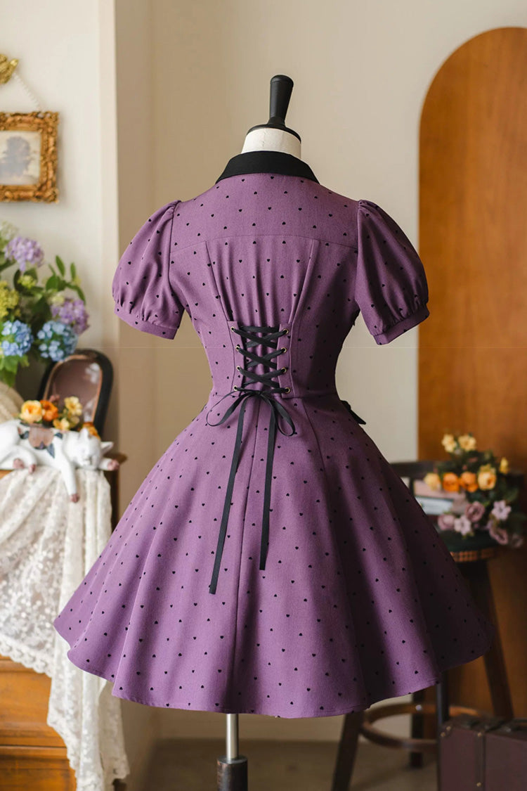 Forest Boulotty Violet Lapel Collar Heart Polka Dot Bow Short Sleeve Lolita Dress - Forest Boulotty