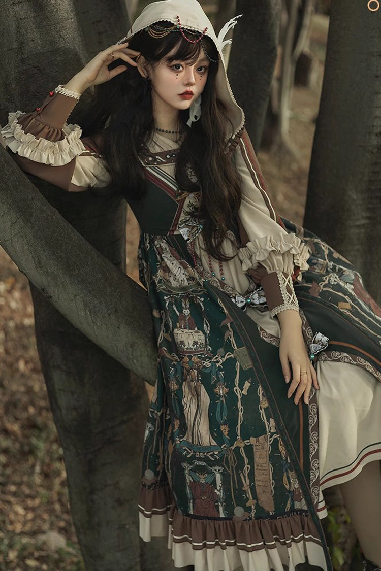 Tarot Print Puff-Sleeved Lolita Dress with Ruffles & Bow