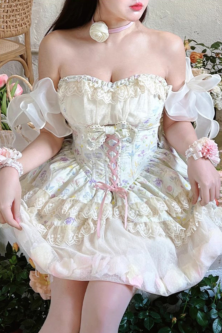Cream Flower Story Tulip Print Bow Lace Sweet Lolita Skirt