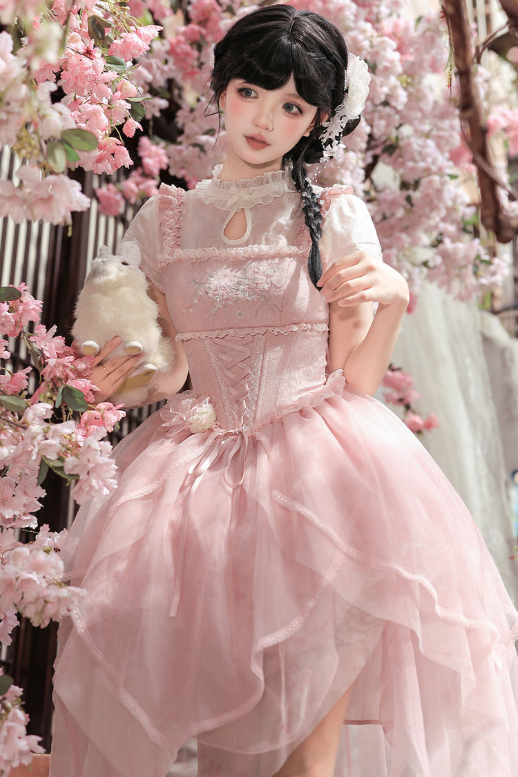 Fragrance Stand Collar Short Sleeves Multi-Layered Printed Ruffled Bow Lace Irregular Chinese Style Sweet Lolita Dress 2 Colors - Green/Pink