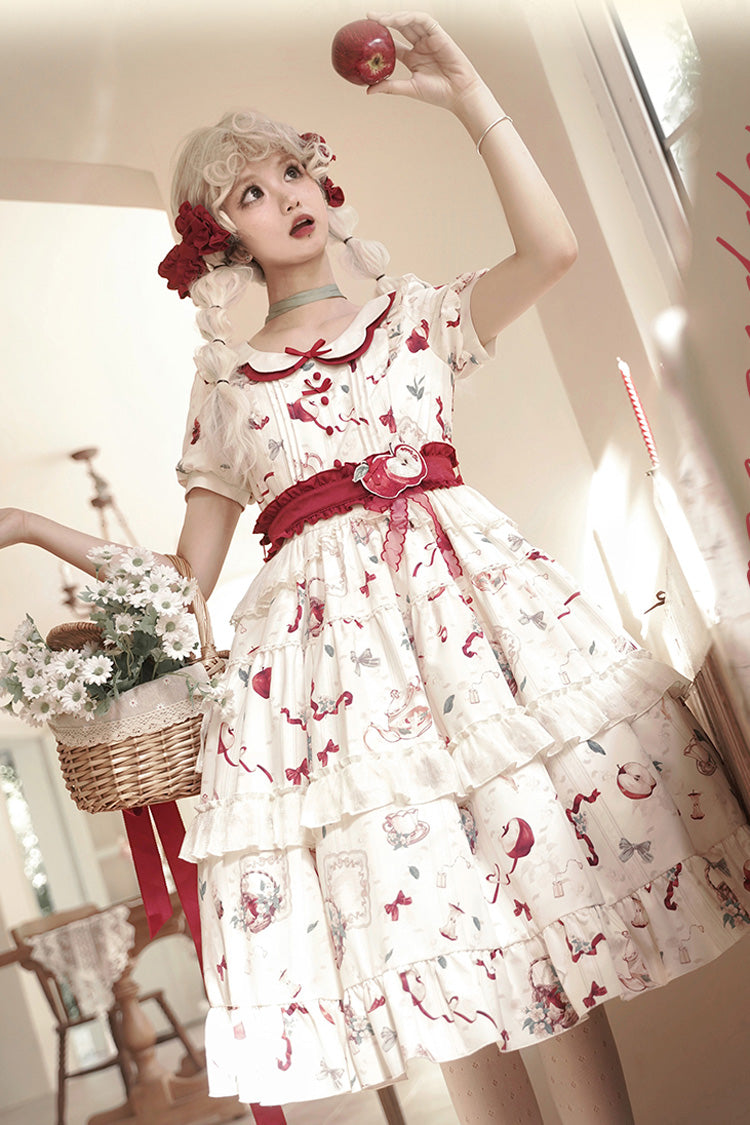White Apple Tea Printed Country Style Sweet Lolita Dress - Short Sleeved Ruffled