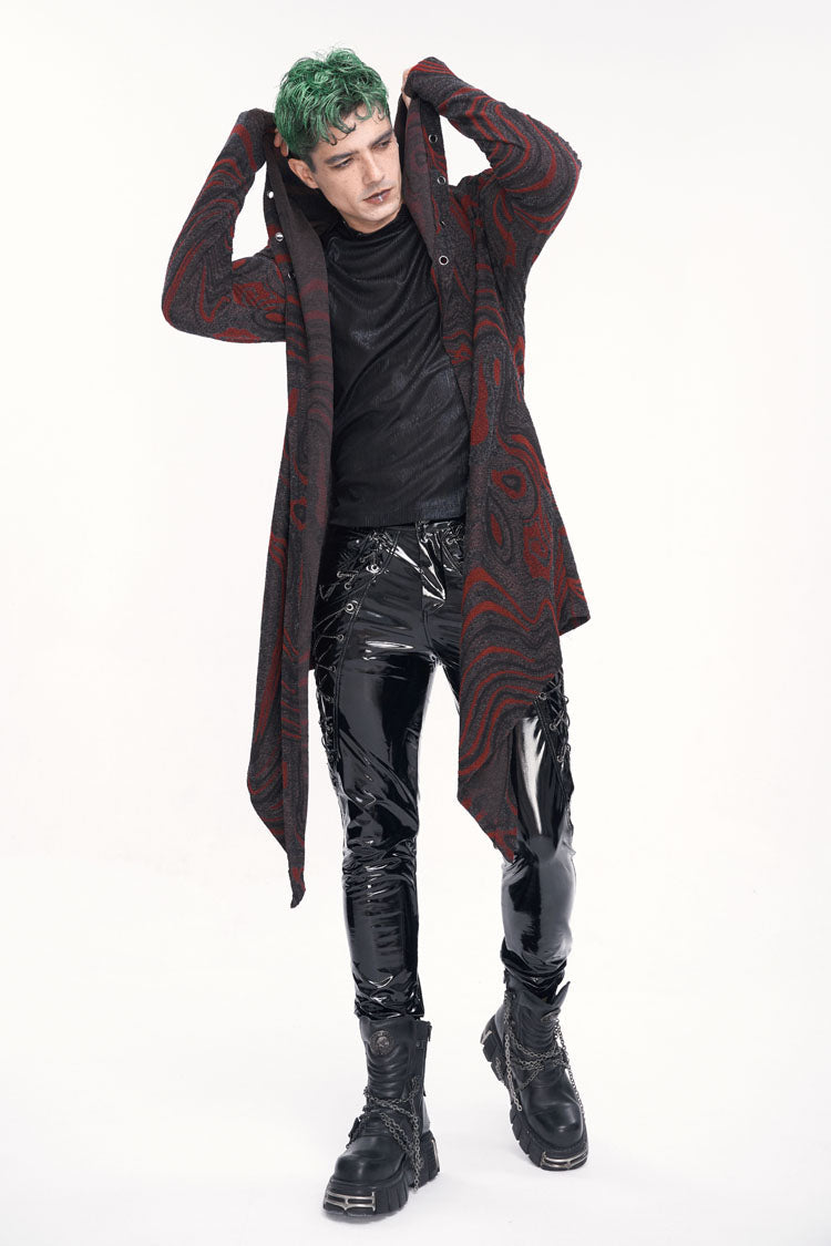 Scarlet Hooded Gothic Coat with Irregular Chains for Men