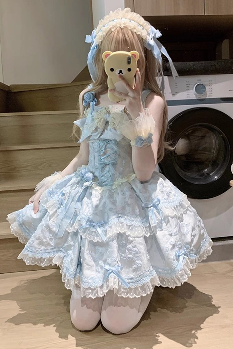 Blue Double-Layered Ruffled Embroidered Bow Lace Sweet JSK - Floral Overture
