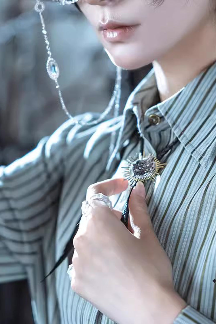 Emerald Striped Slim-Fit Ouji Prince Blouse with Studded Long Sleeves