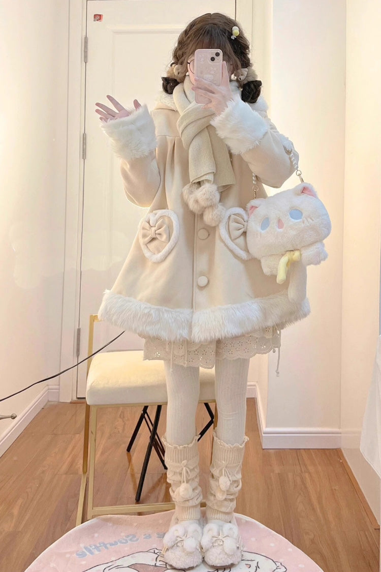 Rabbit Ears Single-Breasted Coat with Bowknot in Light Yellow
