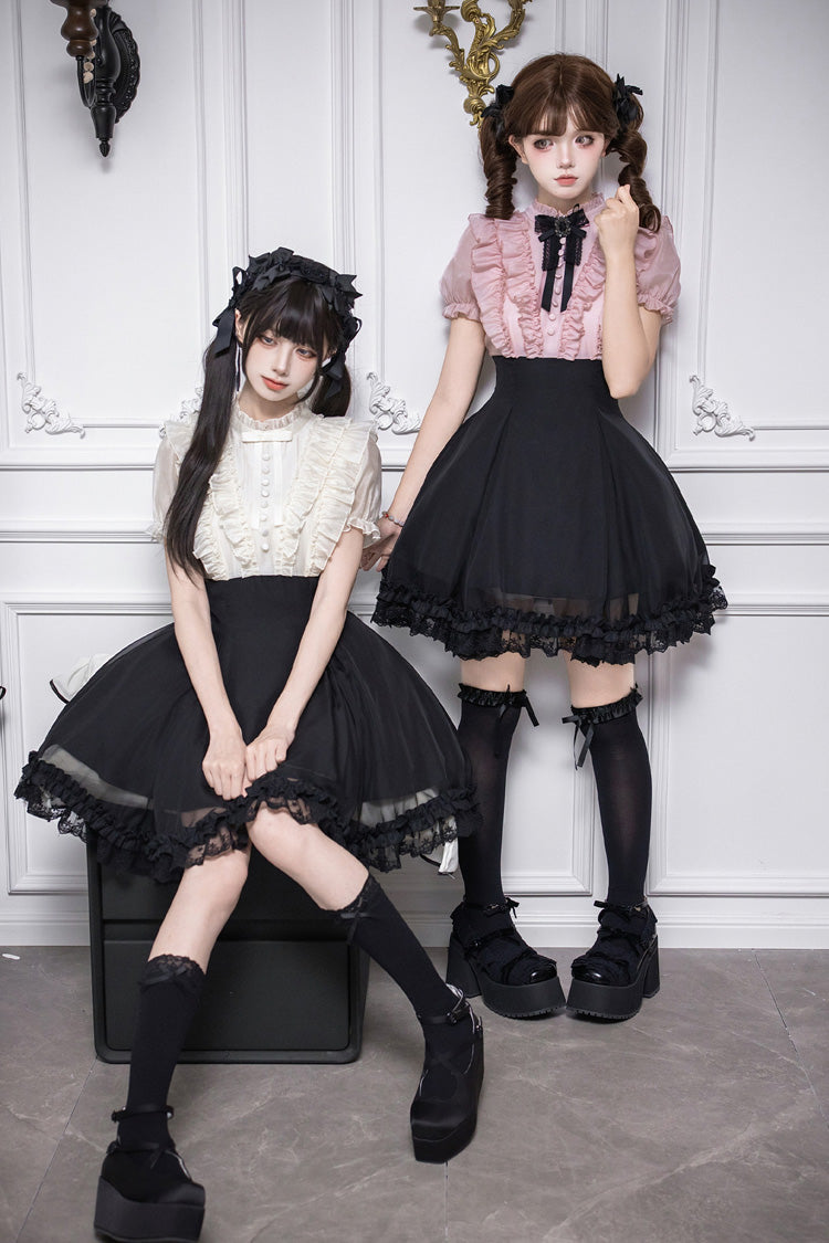 Miss Lola Snow Kiss Stand Collar Short Puff Sleeves Ruffled Color-Blocked Faux Two-Piece Sweet Lolita Dress 3 Colors - Black
