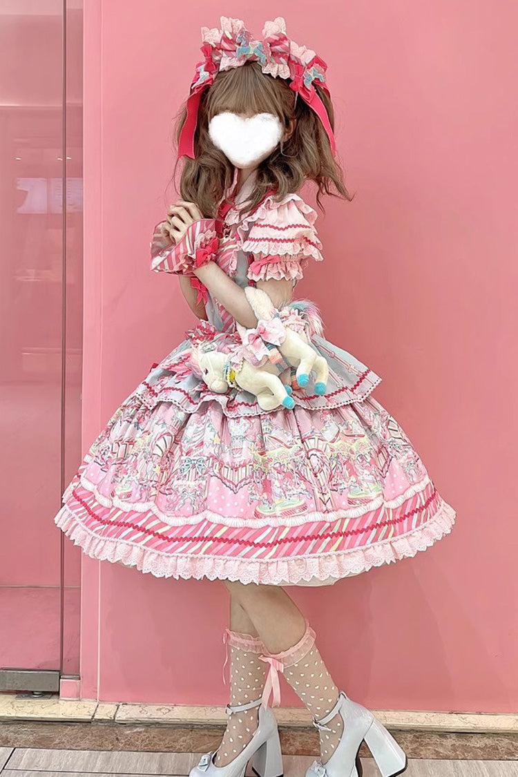 Blue Pink Sweet Lolita JSK Dress with Bowknot Ruffled Print - Candy Park