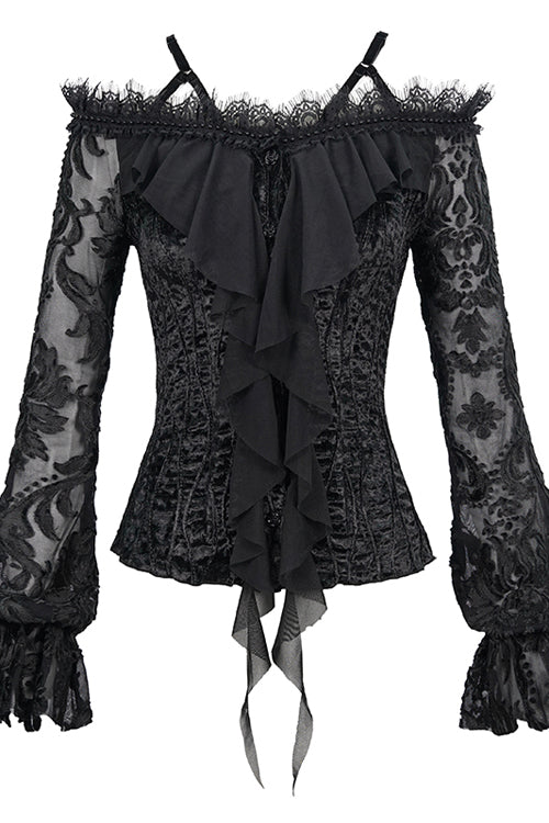 Velvet Sexy Gothic Blouse for Women with Lace Sleeves