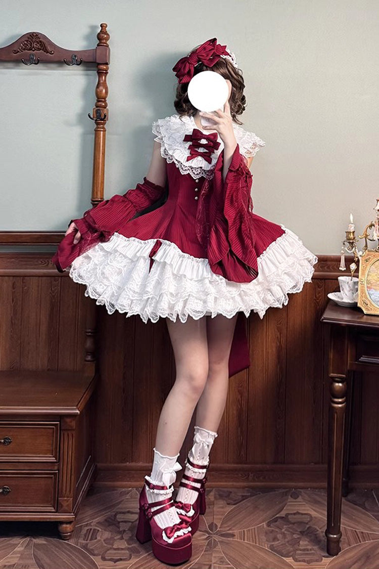 Red Asymmetric Lace Bow Sleeveless Multi-Layer Ruffle Sweet Lolita Dress - Miss Tsundere