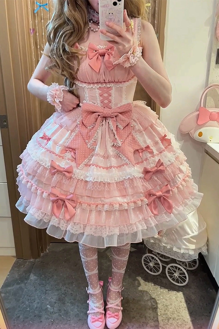 Pink Multi-Layered Ruffled Bow Lace Sweet Gorgeous JSK - Little Lovetine
