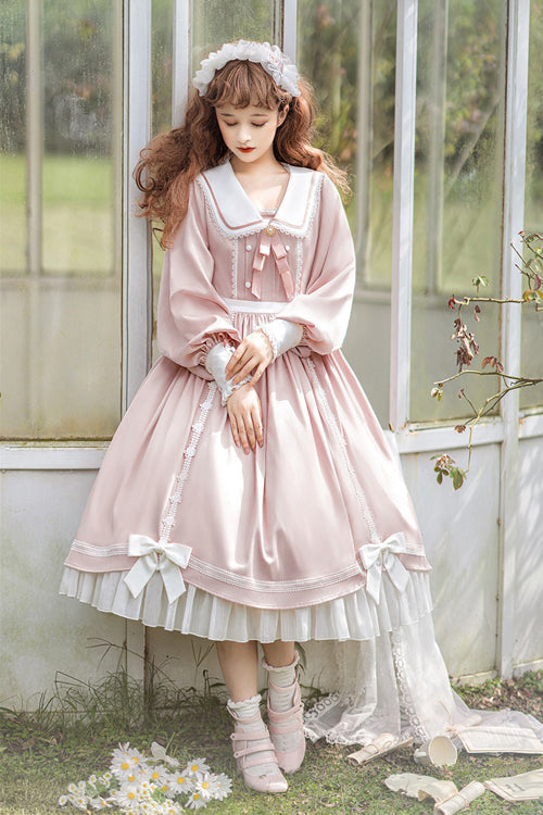 High Waist Sweet Lolita OP Dress with Doll Collar and Lantern Sleeves