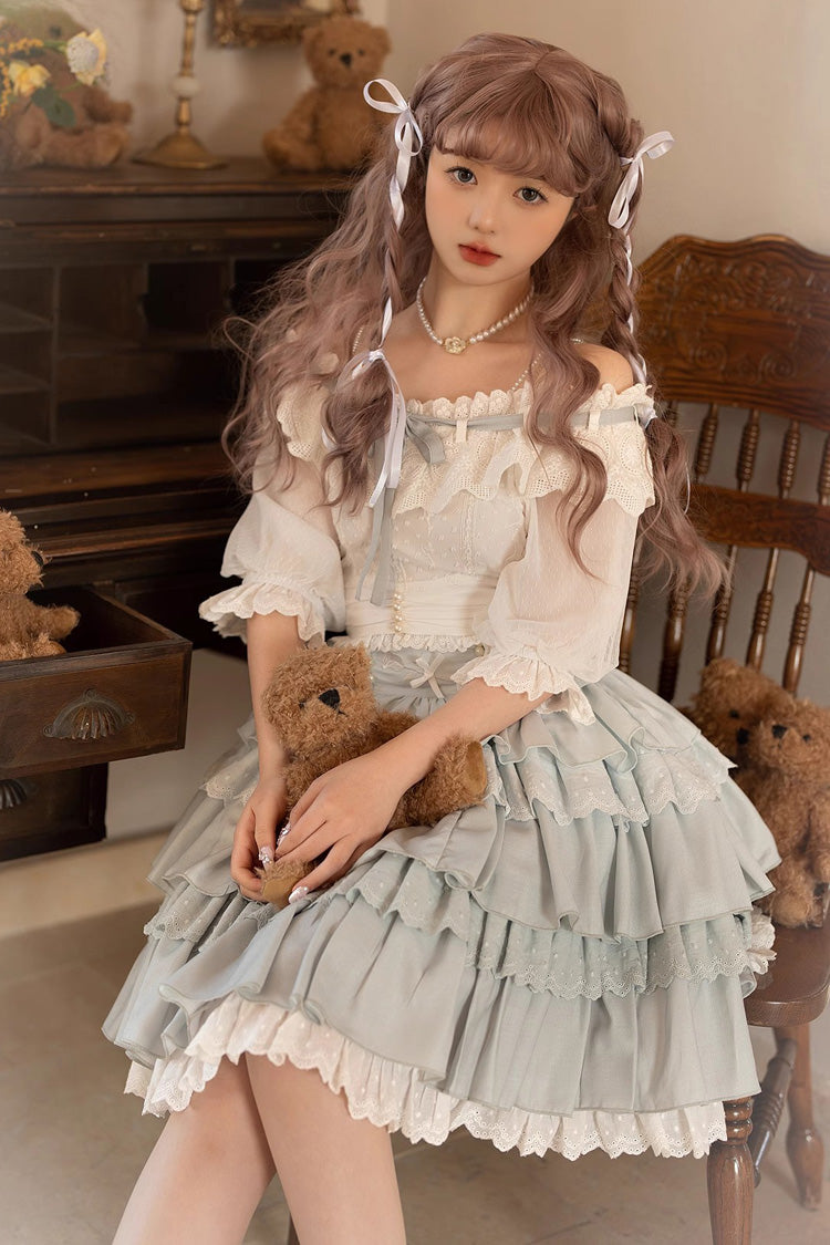 Powder Blue Rose Layered Princess Sweet Lolita Mini Skirt