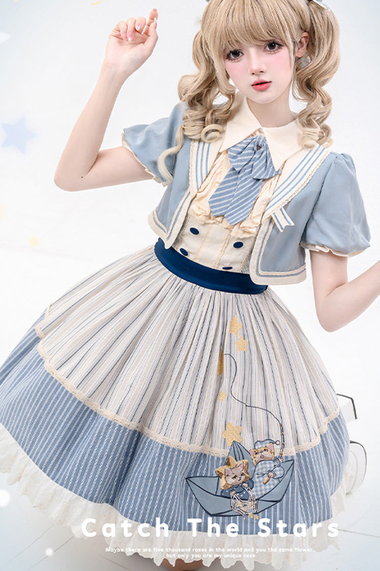 Blue Ivory Star Printed Sleeveless Sweet Lolita Dress - Navy Style