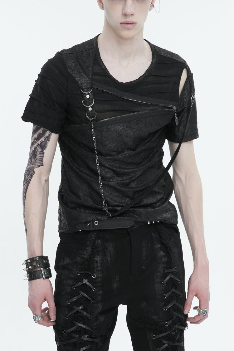 Obsidian Punk Tee with Zippered Chest and Asymmetric Neckline