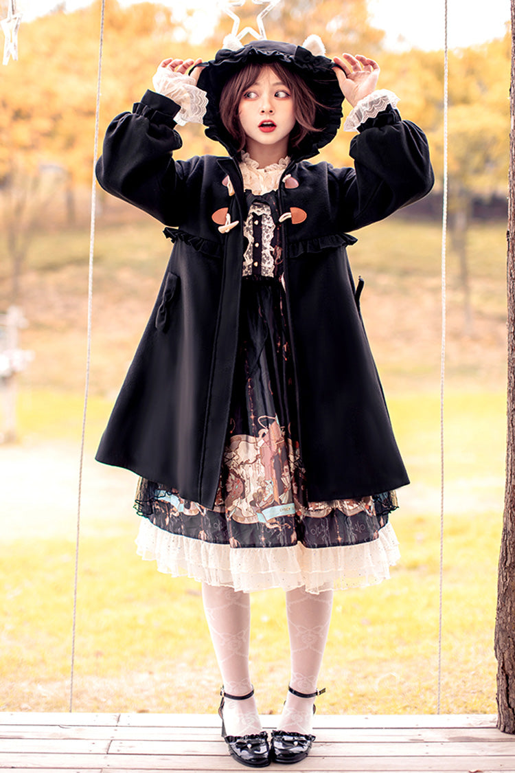 Sweet Lolita Hooded Coat with Cat Tail Bowknot and Ruffles