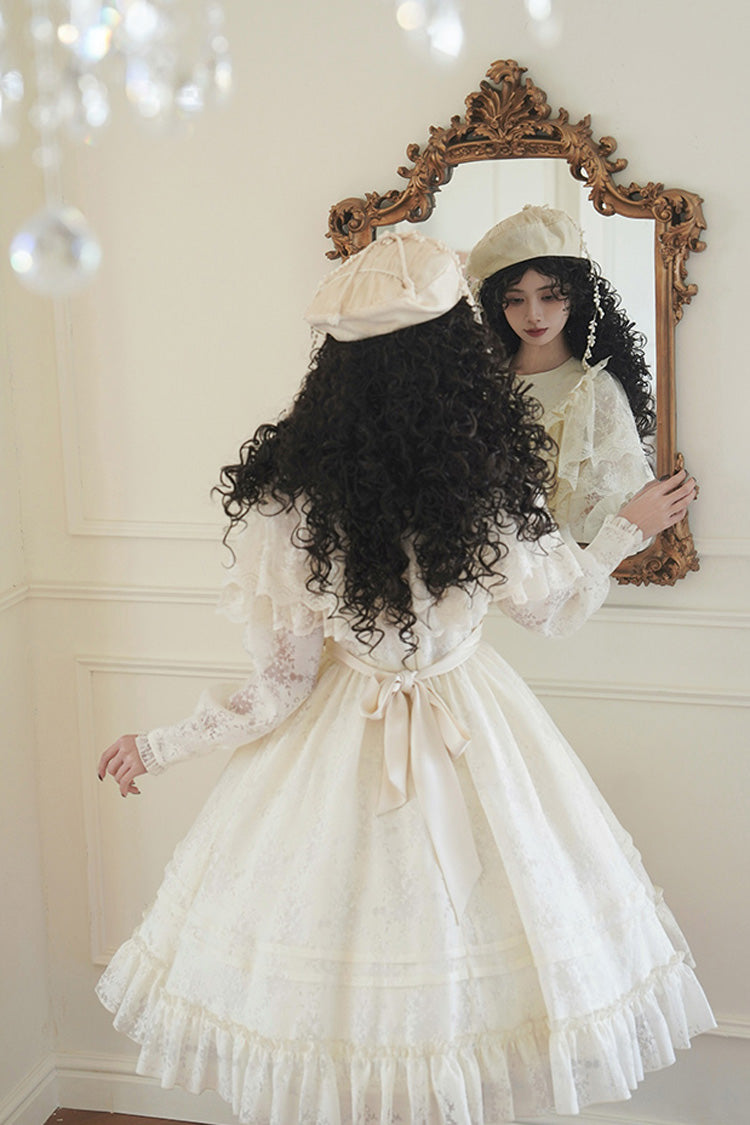 Cream Flower Sound Long Sleeve Frilled Cardigan Bow Lace Sweet Lolita Dress