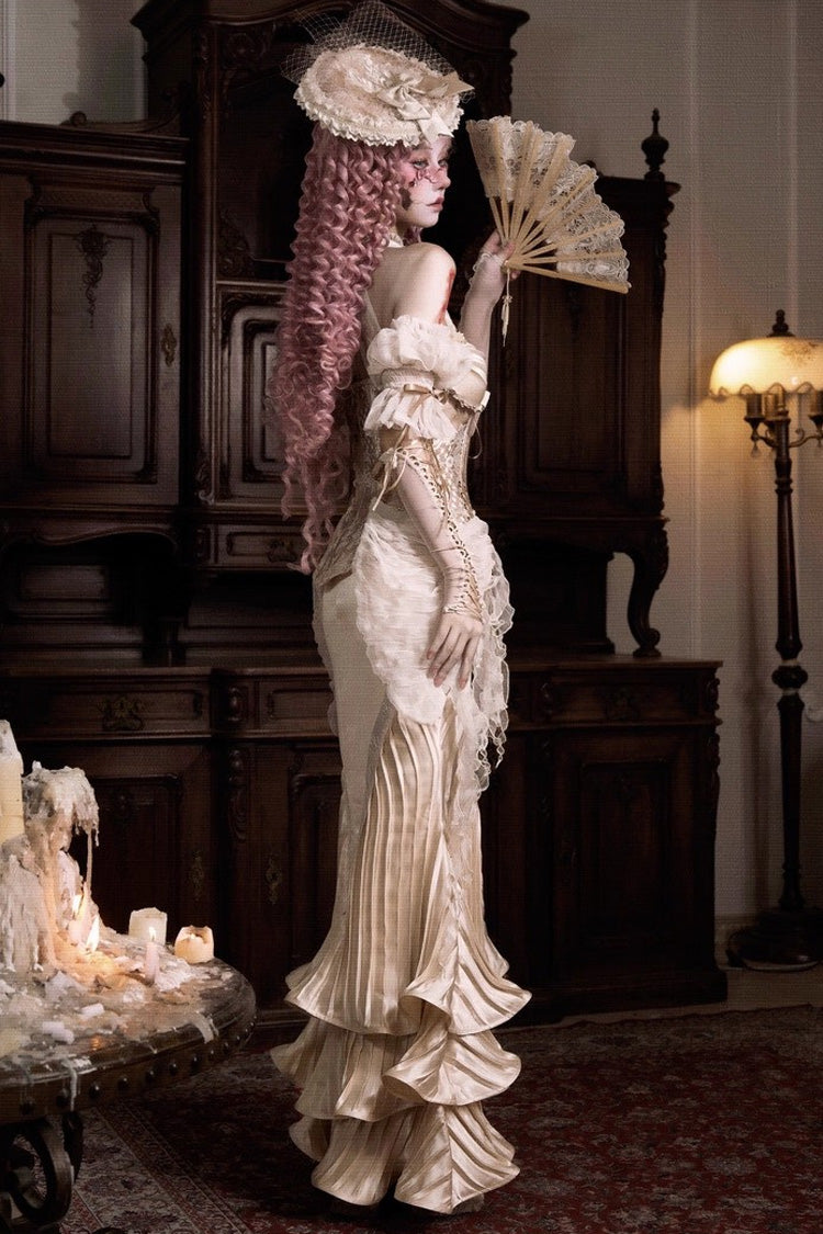 Golden Cupid’s Poetry Box Halterneck Ruffled Embroidered Bow Lace Slim Fishbone Gothic Lolita Top and Skirt Dress Set