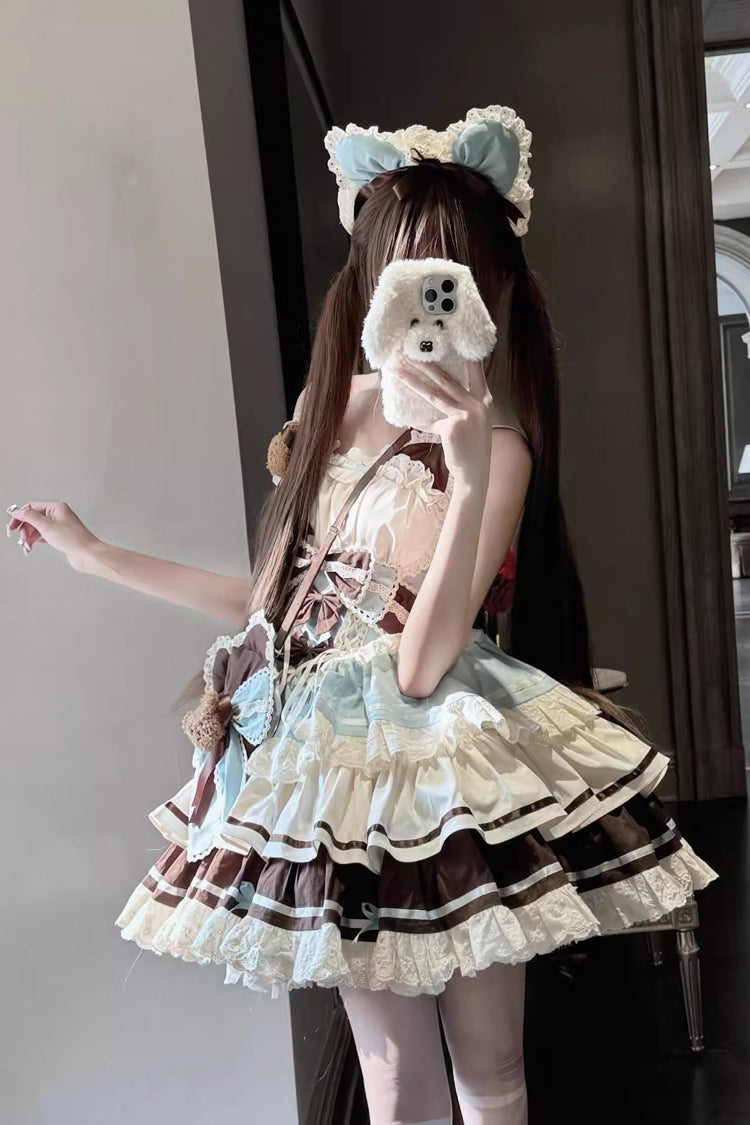 Green and Chocolate Sweet Lolita JSK Dress with Multi-Layered Ruffle and Bowknot