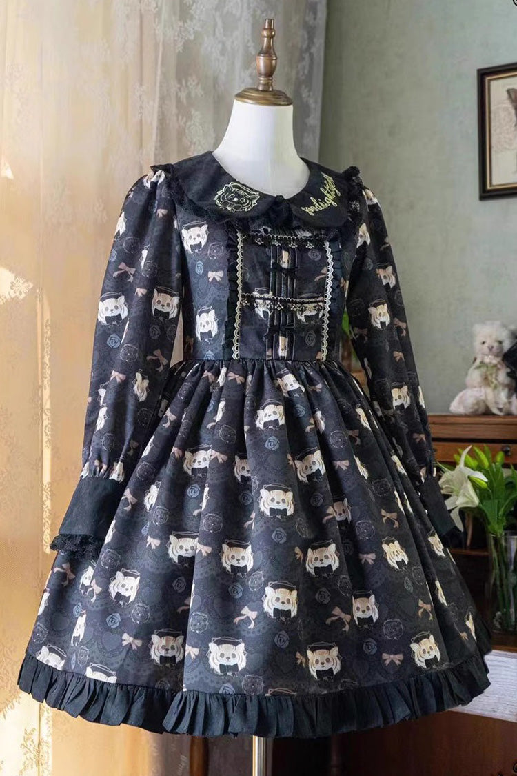 Black Long Sleeve Print Bow Sweet Plus Size College Style Lolita Dress