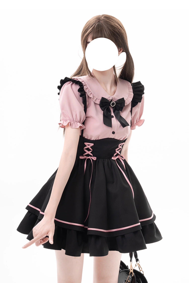 First Sakura Short Sleeves Multi-layer Lace-Up Sweet Jirai Kei Japanese Set - Black/Pink