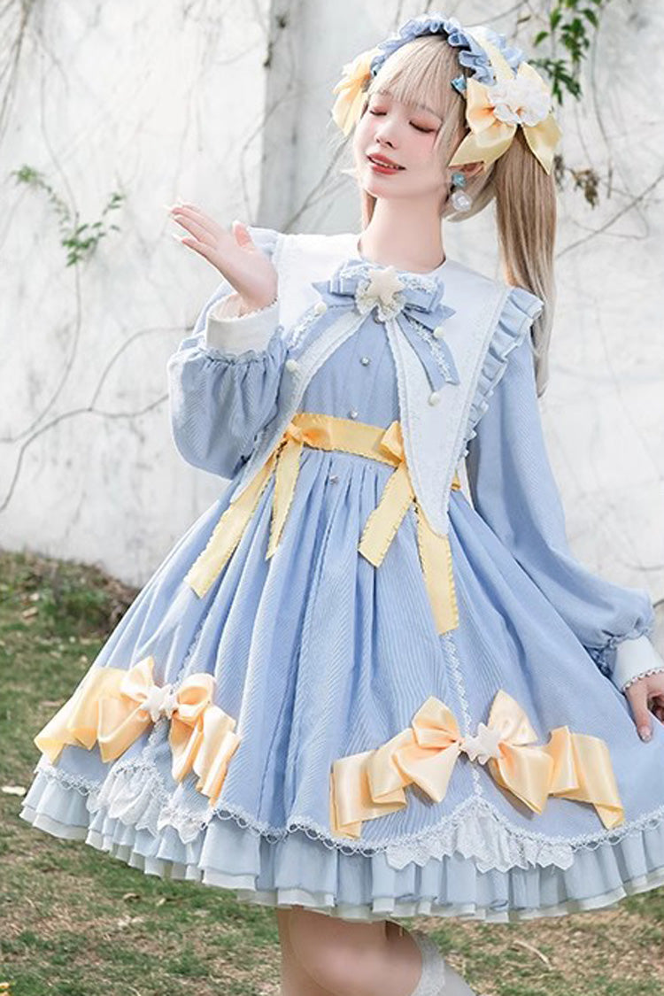 Azure Sleeping-Star Long-Sleeve Sweet Dress with Lace Stitching