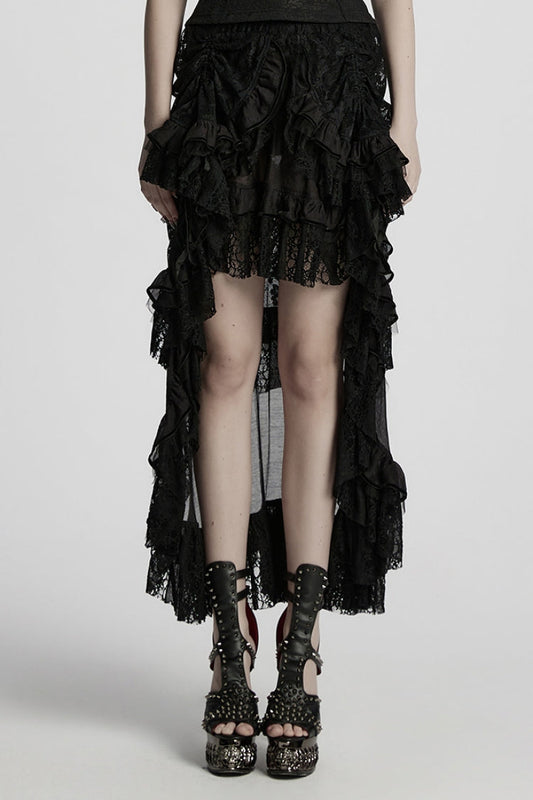 Punk Skirt for Women with Lace Hollow-Out & Drawstring Detail, Black