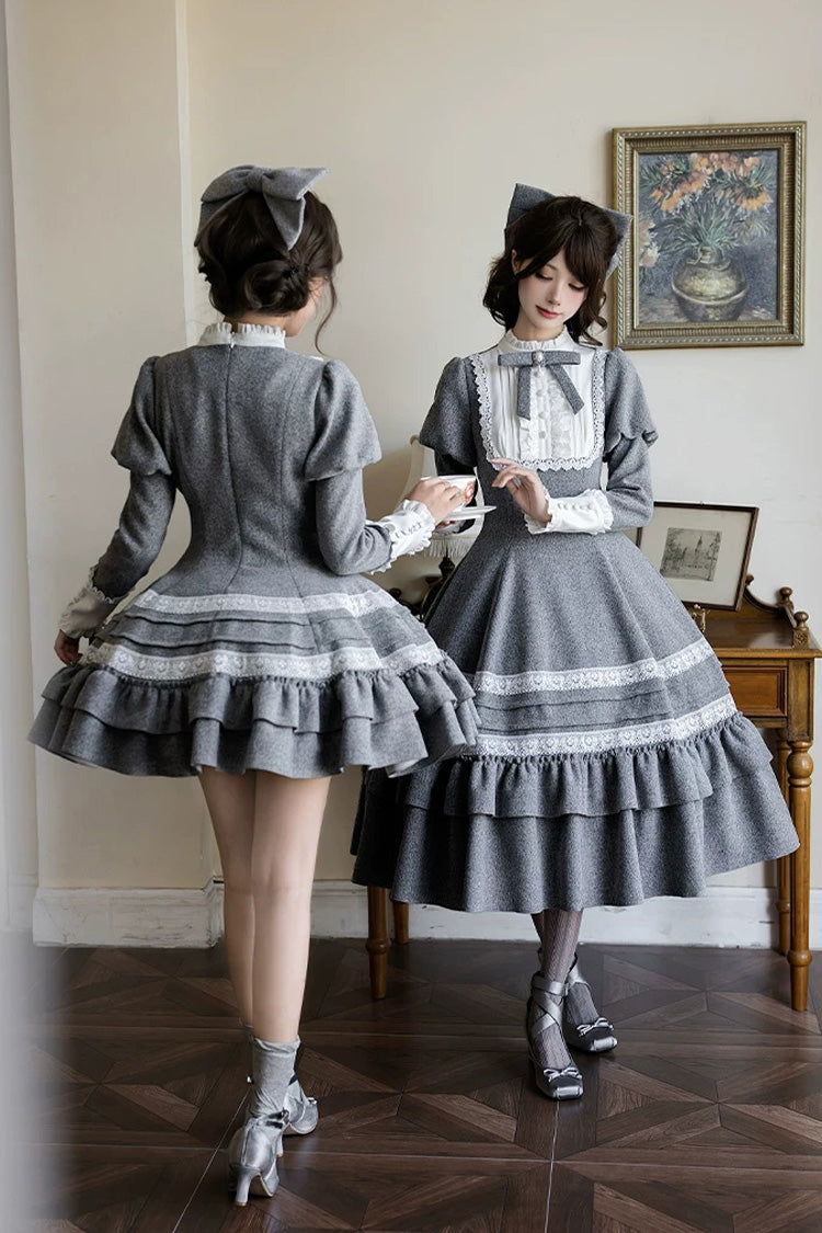 Classic Elegant Lolita Dress with Stand Collar and Ruffled Bow - Grey