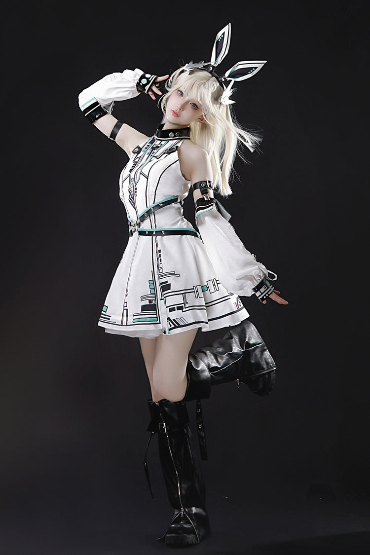 Stand Collar Print Futuristic Style Sweet Handsome Lolita Dress - White