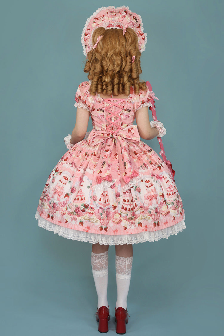 Square Collar Bowknot Lace Sweet Dress with Short Sleeves - Strawberry Cake Bouquet