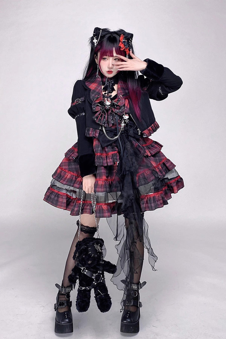 Crimson & Noir Punk Bow Accent Lolita Tiered Mini Dress with Japanese Rock Vibe