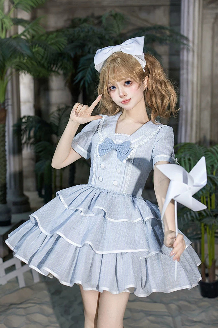 Sweet Lolita Dress with Printed Ruffled Bow and Navy Collar - Blue