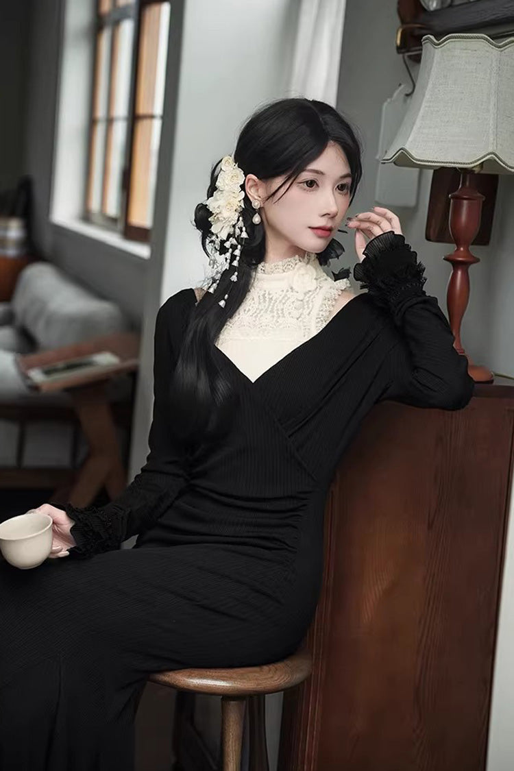 Slim Gothic Fishtail Dress with Stretch Knit - Black