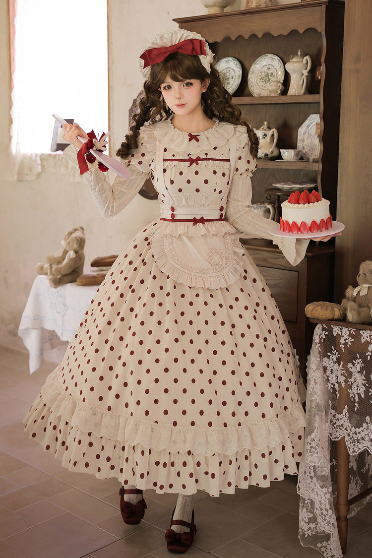 Apricot Sweet Elegant Lolita Dress with Cotton Round Collar Long Lantern Sleeves Polka Dot Print Ruffled Bow Lace