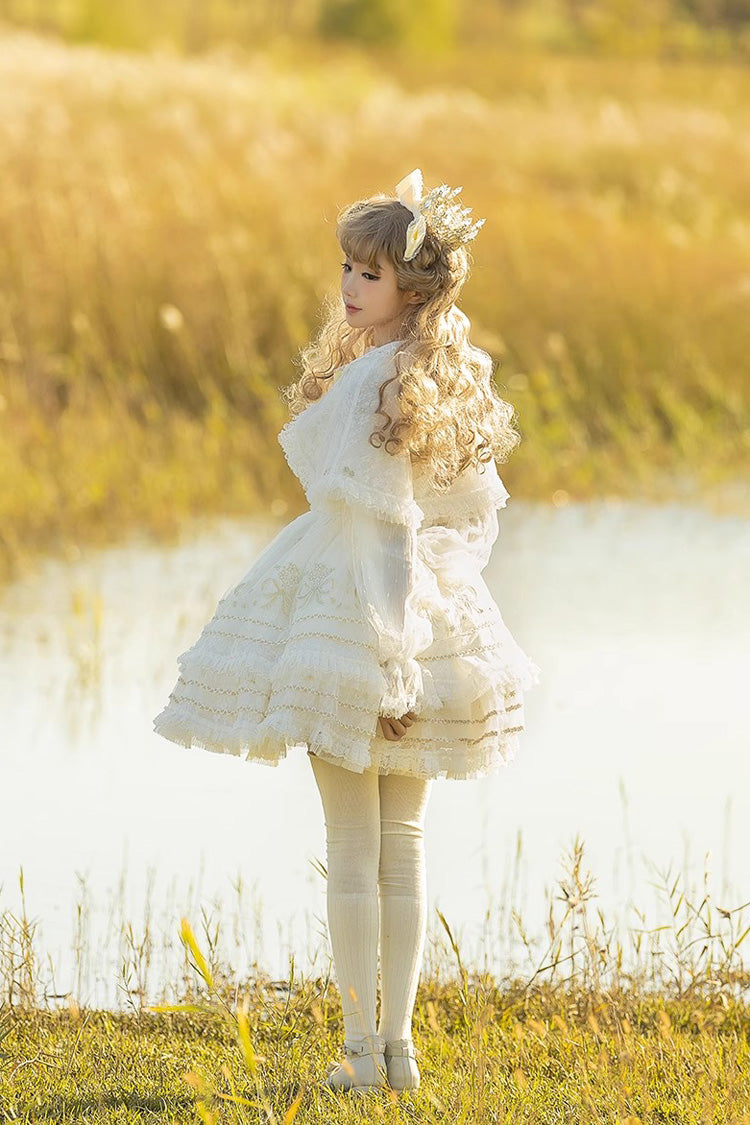 White Multi-Layer Dream Dance Print Embroidered Tulle Sweet Lolita JSK