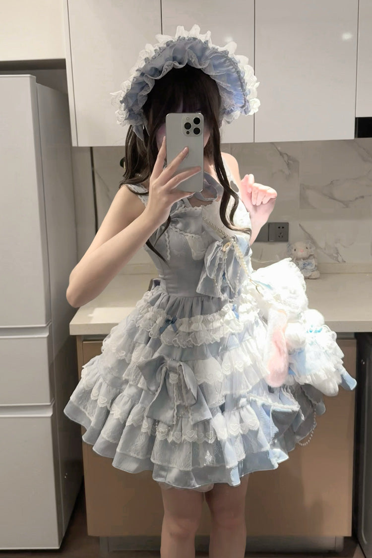 Blue Sweet Gorgeous Lolita JSK Dress with Multi-Layered Ruffle and Bowknot