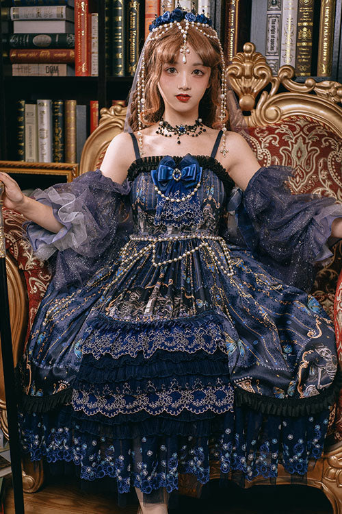 Azure Gothic Tiered JSK with Skull Print and Pearl Chain