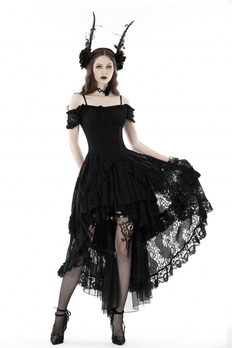 Black Boat Neck Off-Shoulder Short Puff Sleeve Ruffled Lace Lace-Up Irregular Gothic Dress