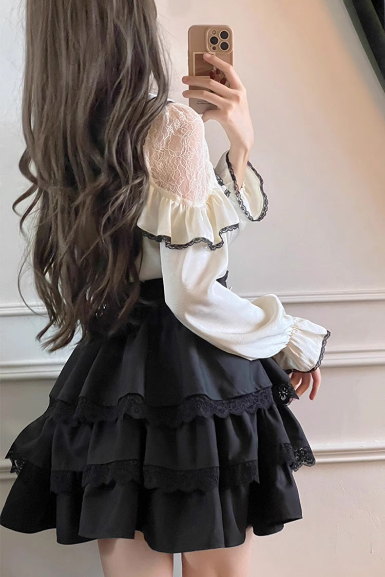 Sailor Collar Multi-Layered Ruffle Bowknot Jirai Kei Skirt Set - Black/White