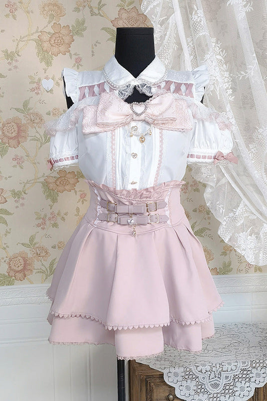 Blush & White Lapel Collar Short-Sleeve Double Ruffled Bow Sweet Jirai Kei Set