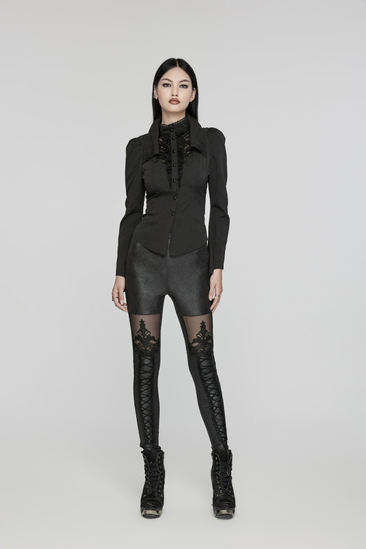 Jet-Black Gothic Blouse with Puffed Sleeves and Stitched Lace for Women