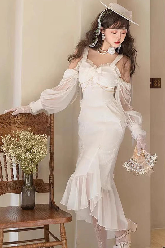 Camellia 1.0 White Sleeveless Jacquard Lace Sweet Fishtail JSK Dress