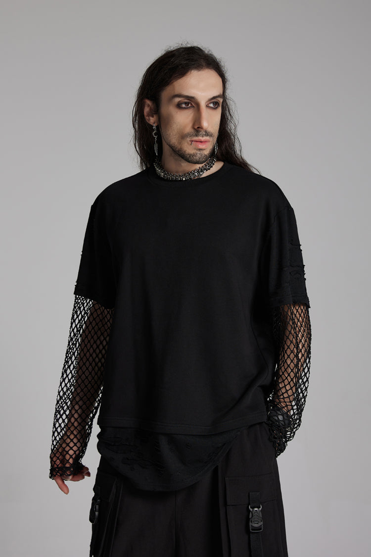 Onyx Crewneck Long-Sleeve Torn Mesh Punk Tee for Men