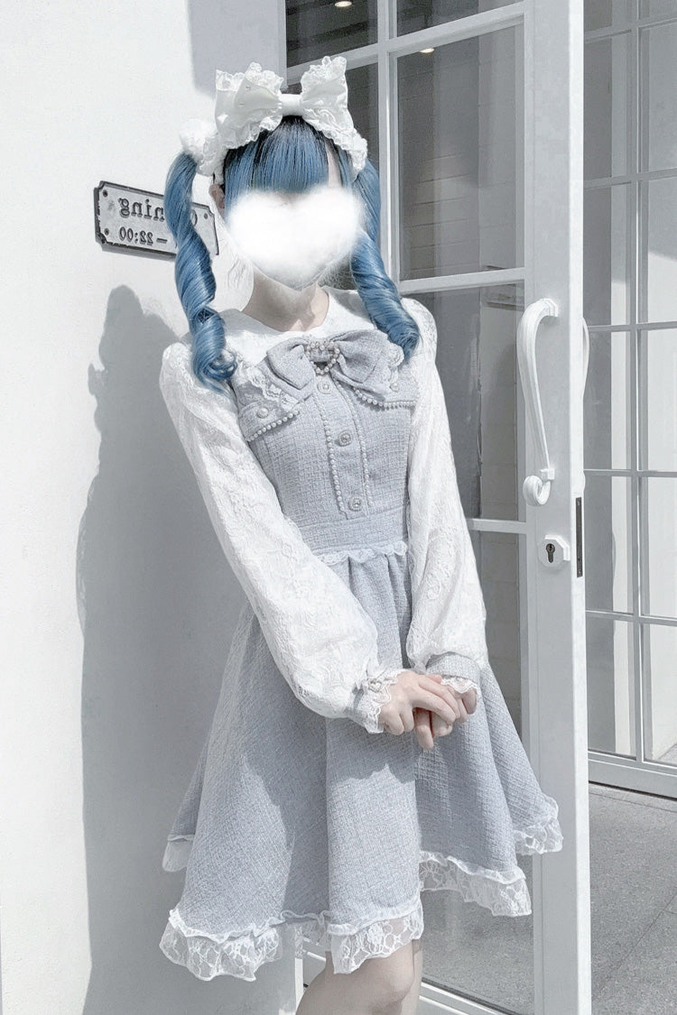 Grey Pearl and Bow Lace-Trimmed Jirai Dress