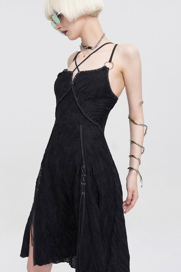 Suspenders Slit Hem Wave Stretch Fabric Punk Dress