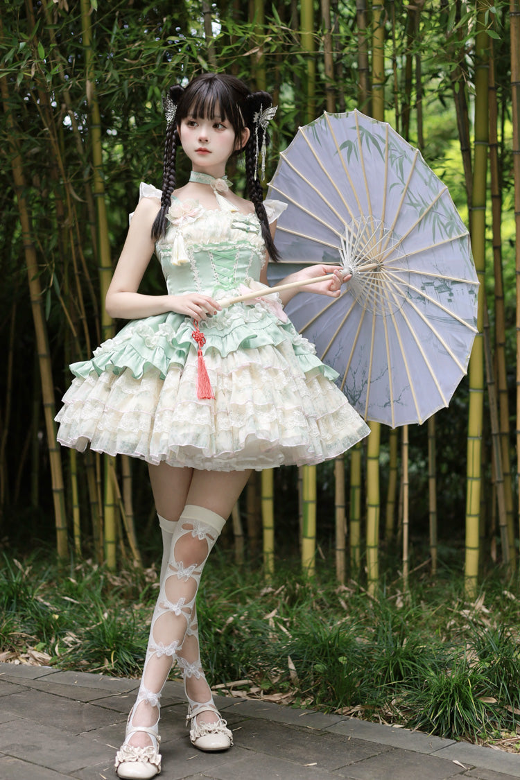 Ancient Poetry Printed Multi-Layer Sweet Lolita Tiered Dress - Chinese Style