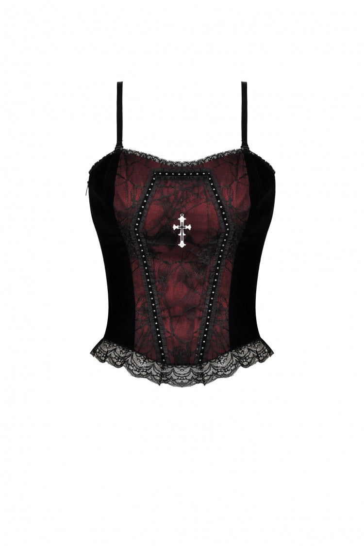 Dark Red Cross-Strap Jacquard Gothic Overbust Corset
