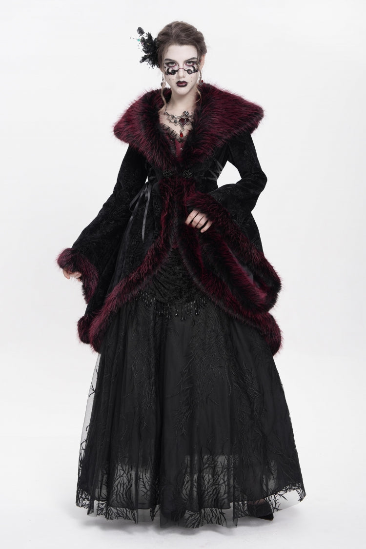 Crimson Floral Embroidered Gothic Fluffy Jacket