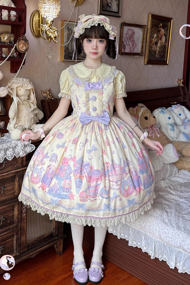 Cream Soda Mermaid Print Yellow Bow Lace Sweet Lolita Jsk Dress