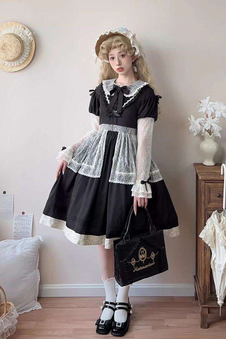 Lapel Collar Long Sleeve Embroidery Bow Lace Sweet Lolita Dress - Black
